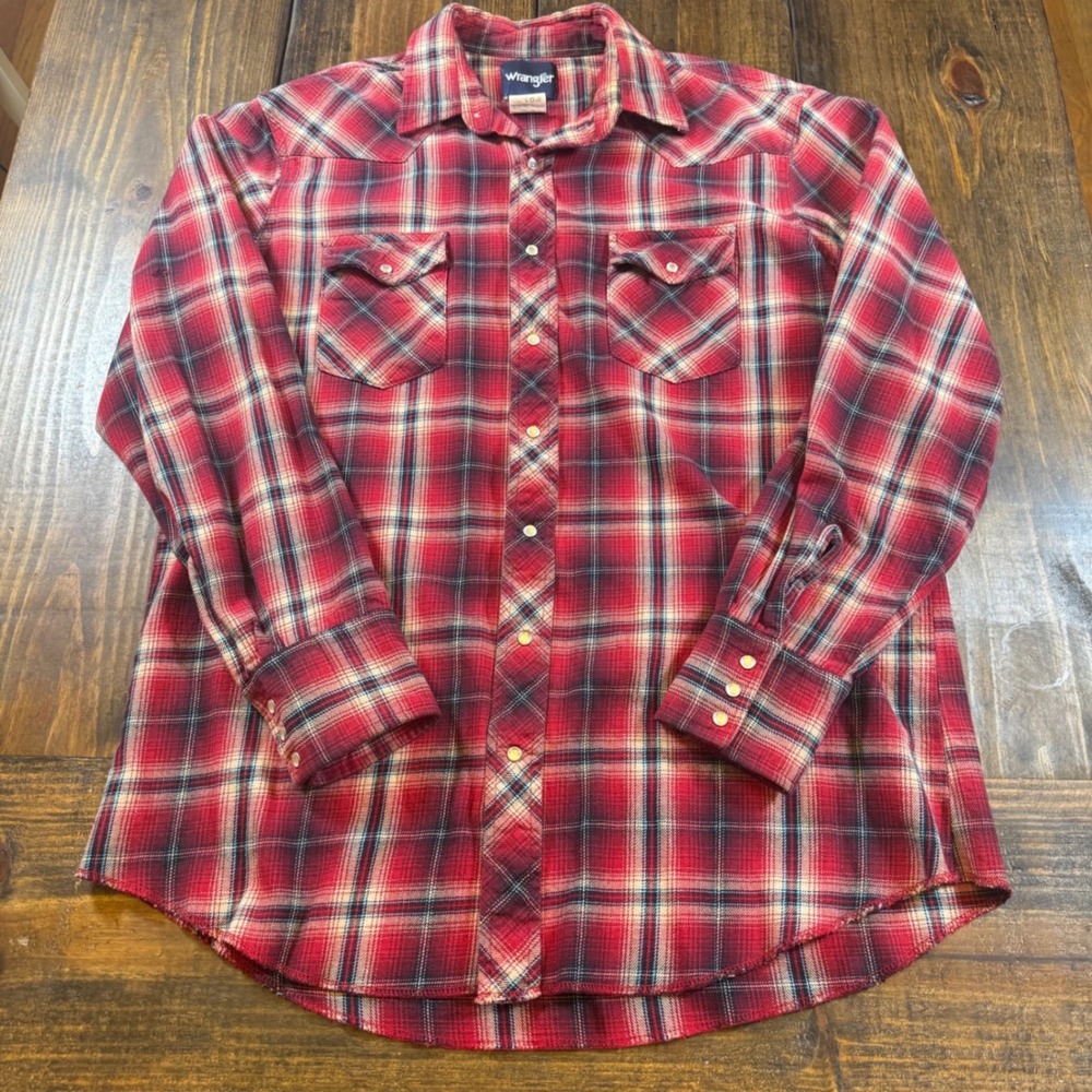 Wrangler Mens Red Black Plaid Western pearl Snap Heavy‎ Flannel Shirt, XLT, 90s